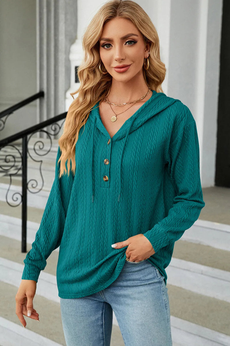 Drawstring Half Button Long Sleeve Hoodie - Body Central