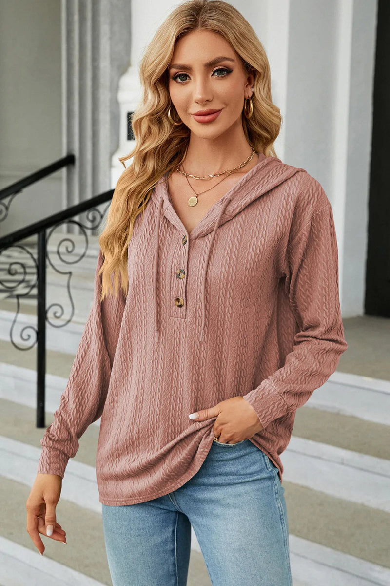 Drawstring Half Button Long Sleeve Hoodie - Body Central