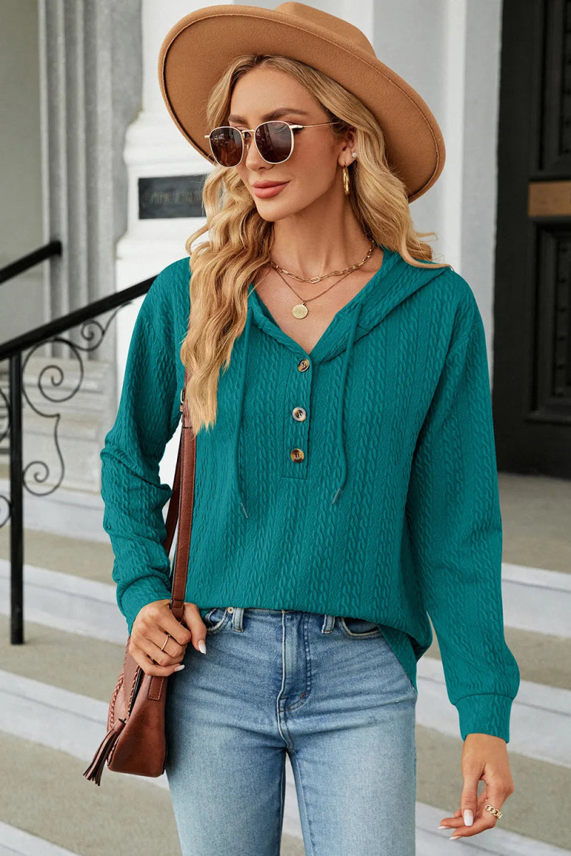 Drawstring Half Button Long Sleeve Hoodie - Body Central