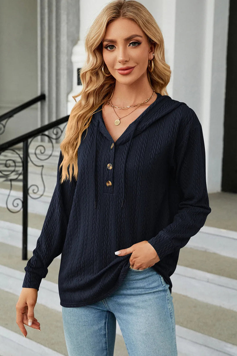 Drawstring Half Button Long Sleeve Hoodie - Body Central