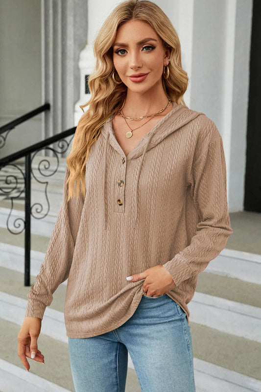 Drawstring Half Button Long Sleeve Hoodie - Body Central
