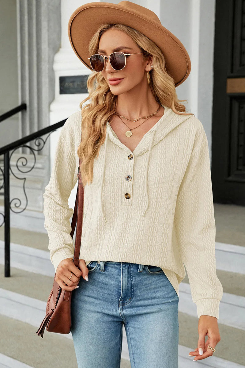 Drawstring Half Button Long Sleeve Hoodie - Body Central