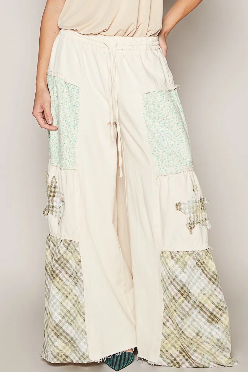 Drawstring Star Patch Contrast Wide Leg Pants - Body Central