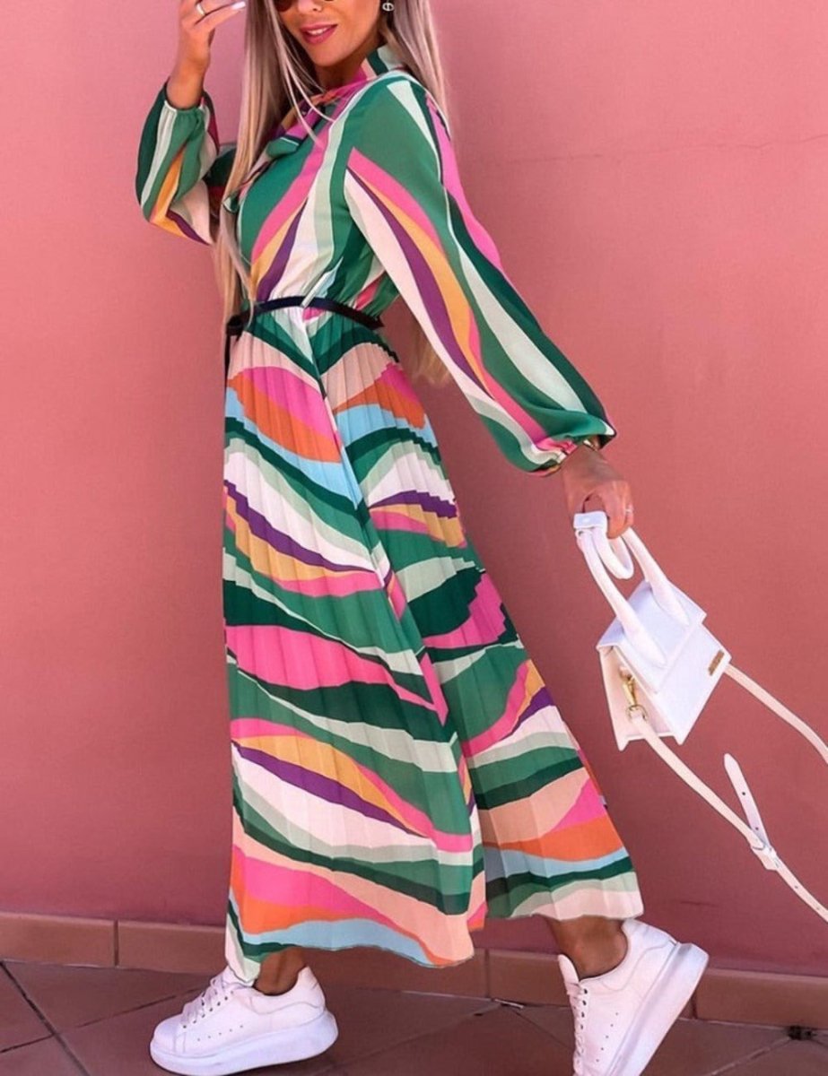 Elegant O - Neck Bow Lace - up Long Sleeve Pleated Long Dress - Body Central