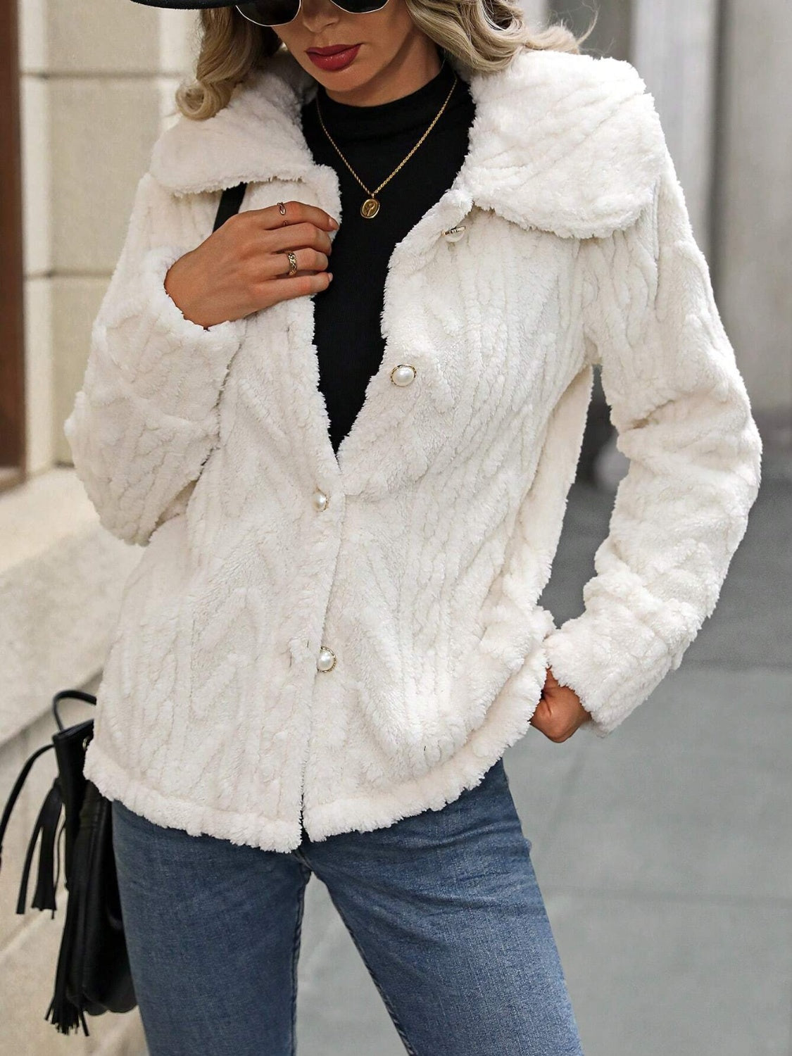 Fuzzy Texture Button Up Collared Neck Coat - Body Central Store