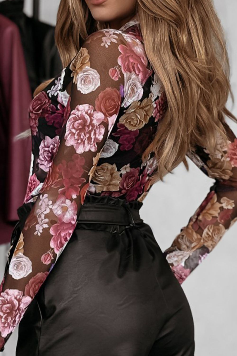 Floral Mock Neck Long Sleeve Mesh Top - Body Central Store