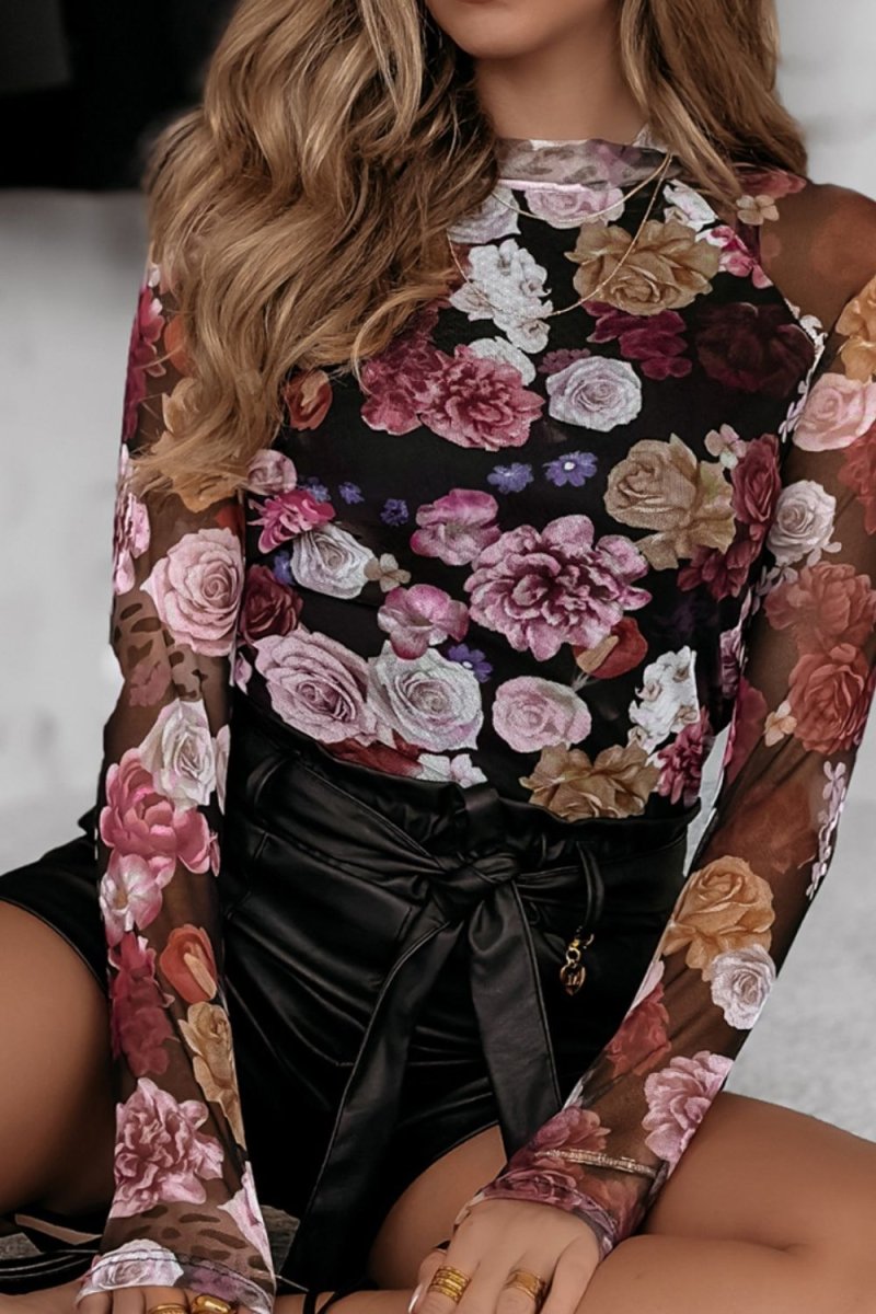 Floral Mock Neck Long Sleeve Mesh Top - Body Central