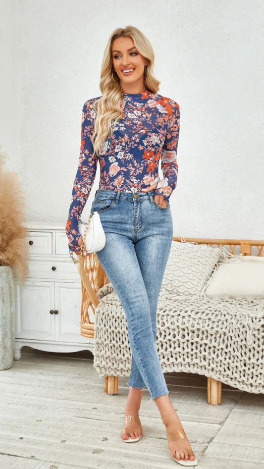Floral Mock Neck Long Sleeve Top - Body Central