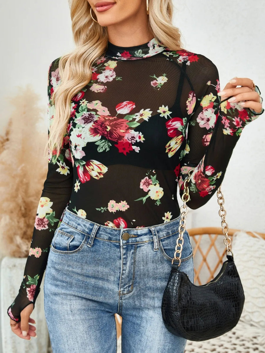 Floral Mock Neck Long Sleeve Top - Body Central