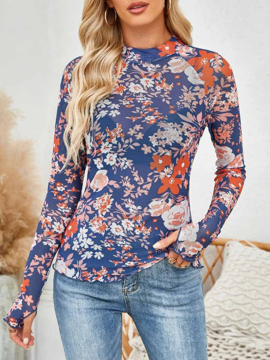 Floral Mock Neck Long Sleeve Top - Body Central