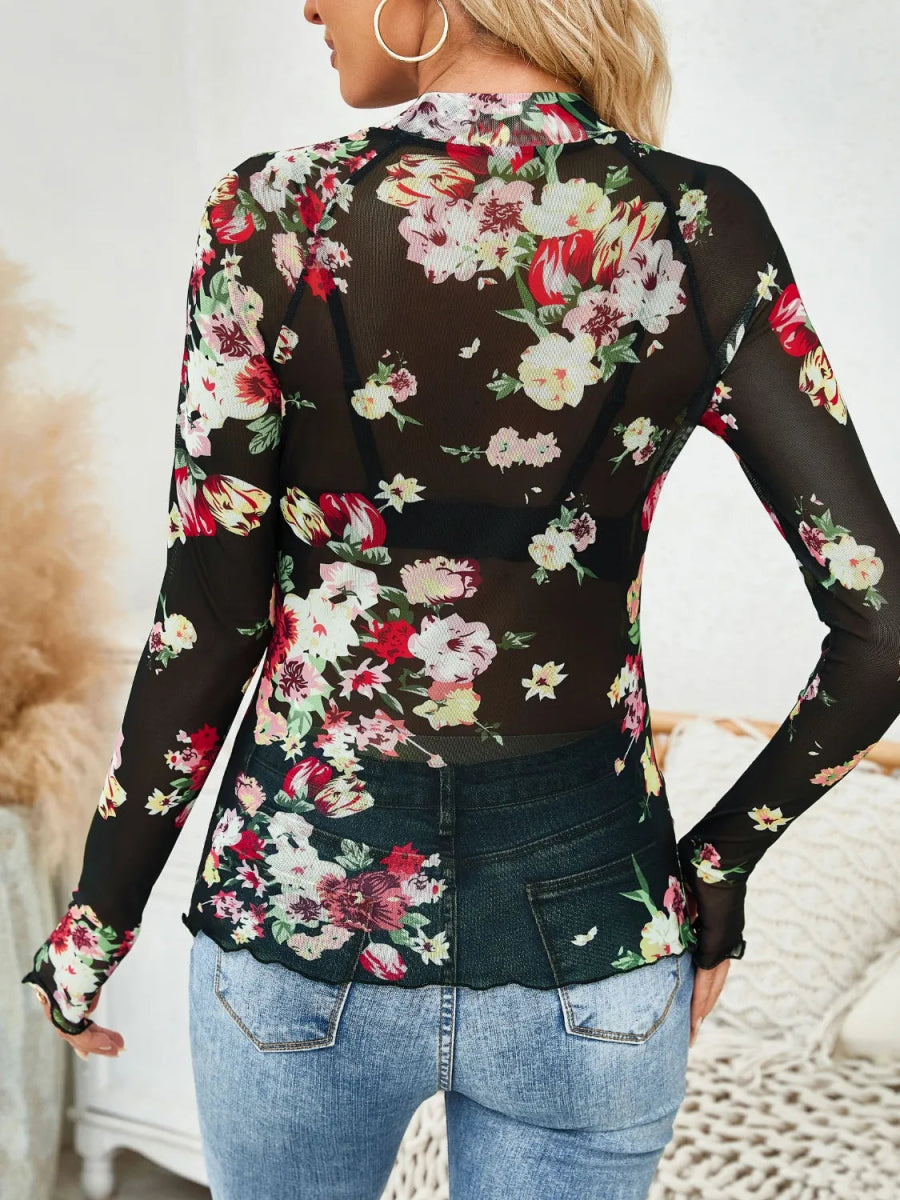 Floral Mock Neck Long Sleeve Top - Body Central