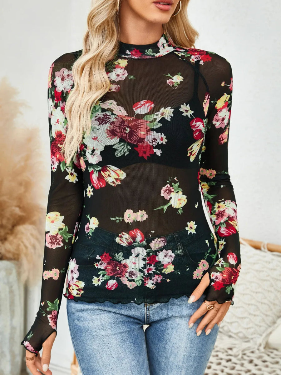 Floral Mock Neck Long Sleeve Top - Body Central