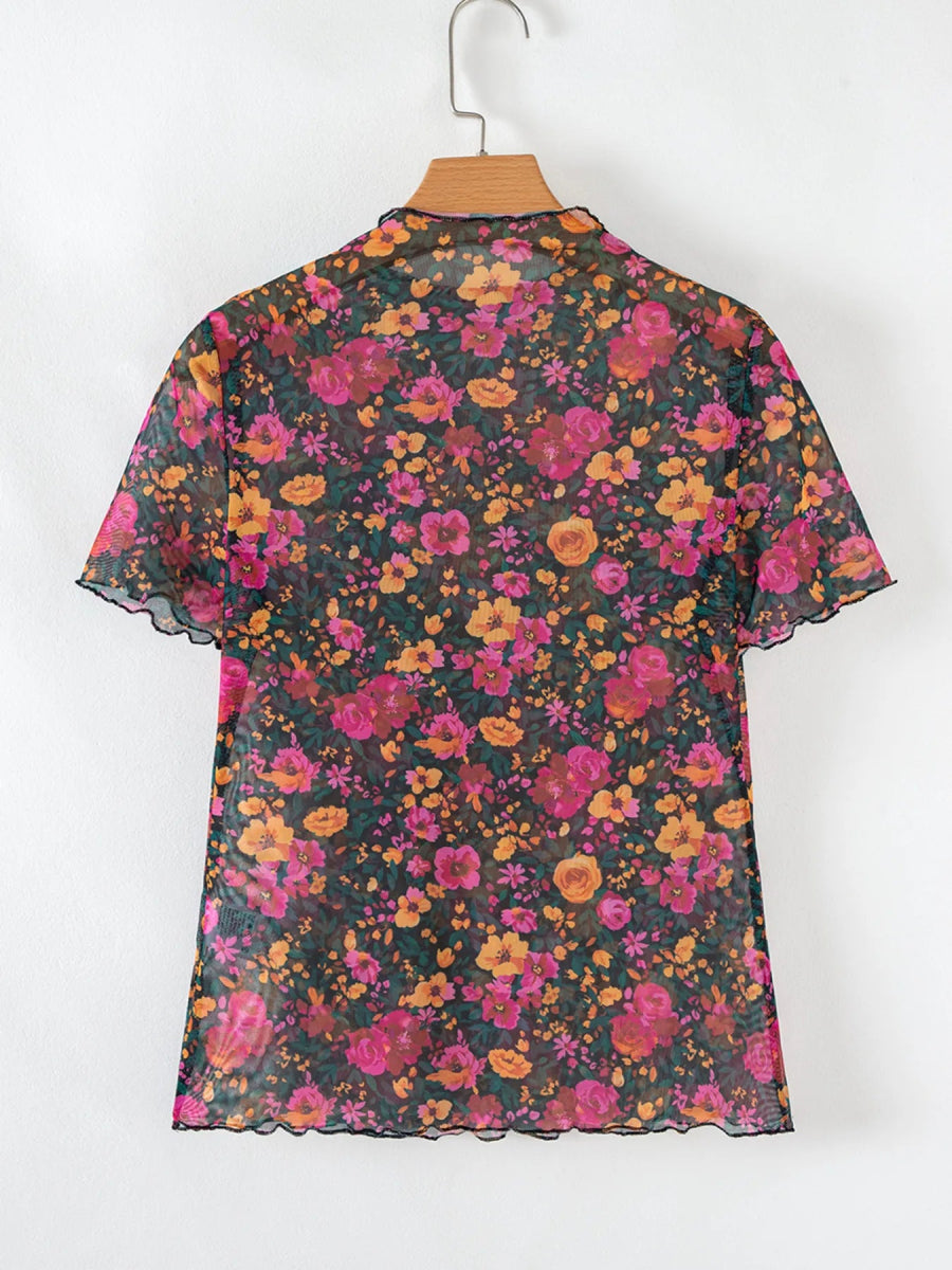 Floral Print Mock Neck Short Sleeve Top - Body Central