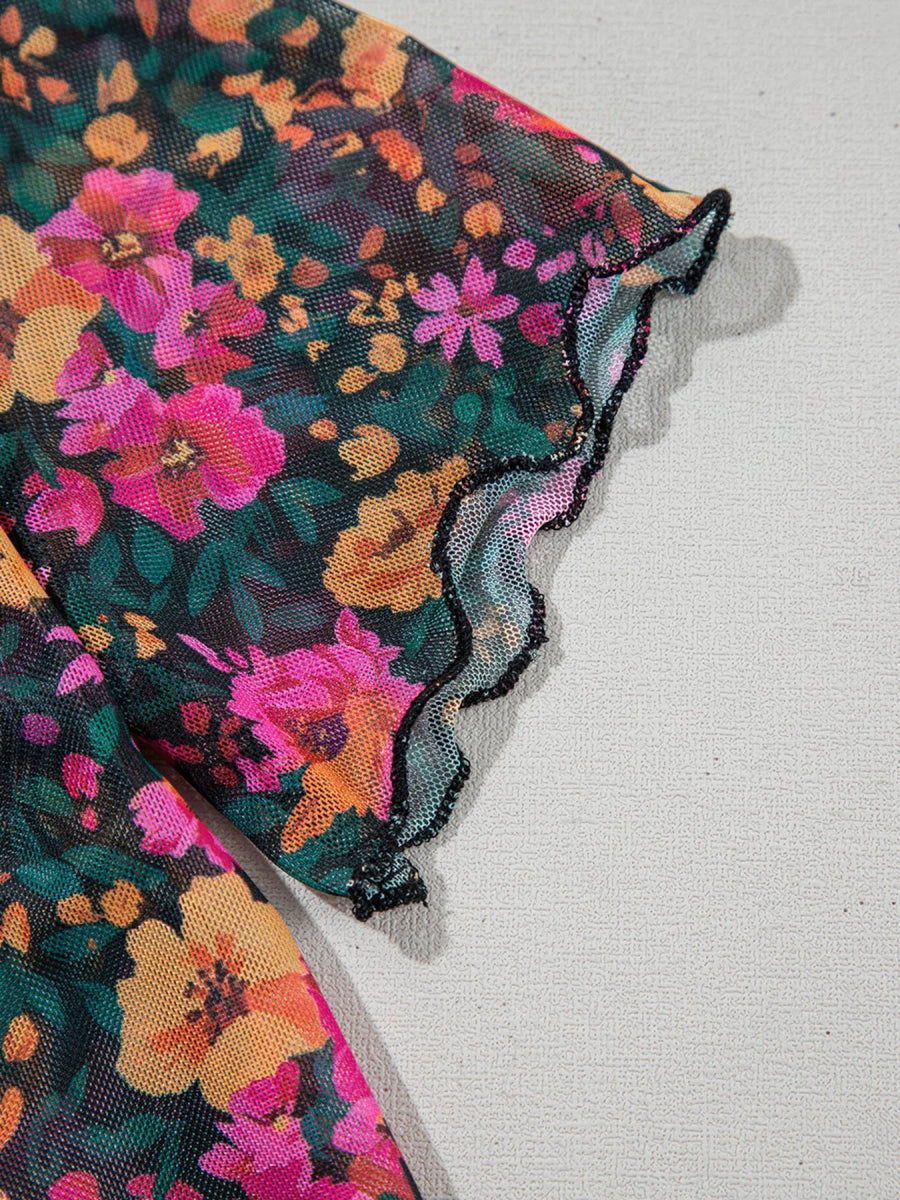 Floral Print Mock Neck Short Sleeve Top - Body Central