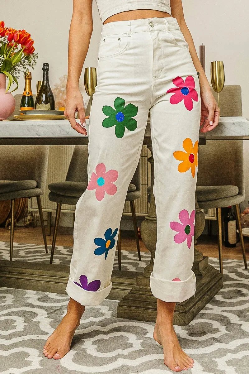 Flower Print Straight Legs Pants - Body Central