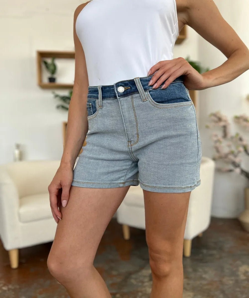 Full Size Color Block Denim Shorts - Body Central