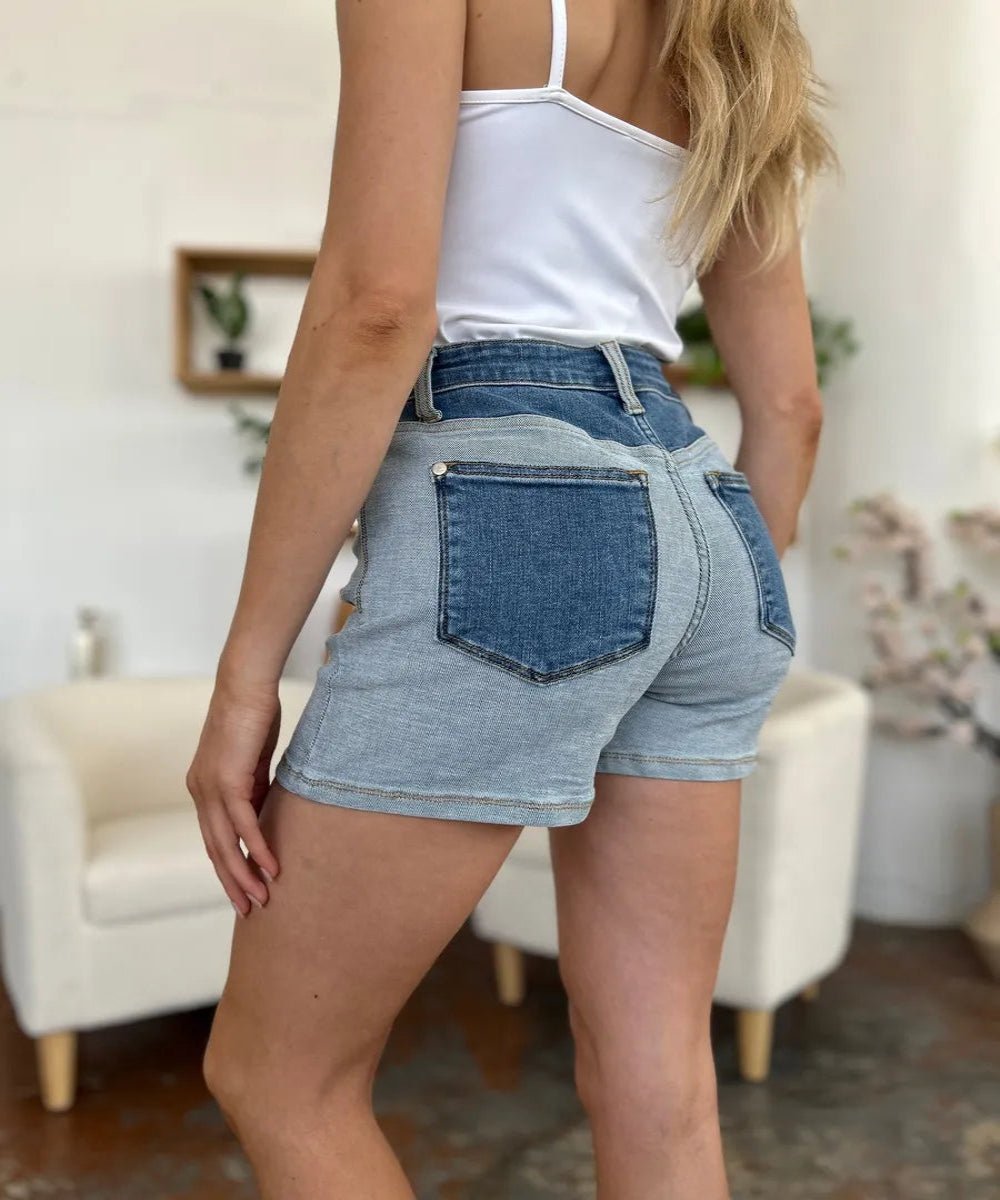 Full Size Color Block Denim Shorts - Body Central