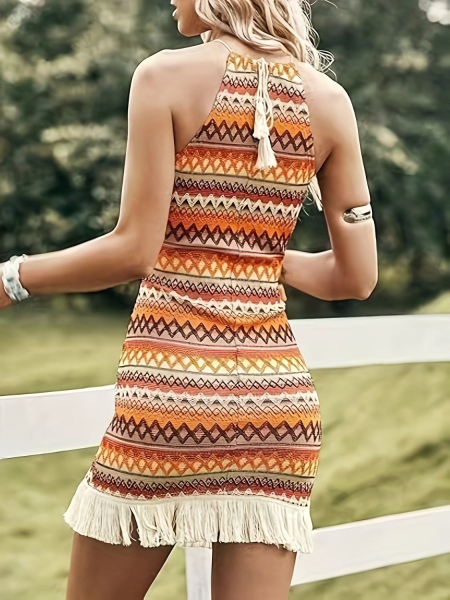 Full Size Fringe Grecian Neck Dress - Body Central