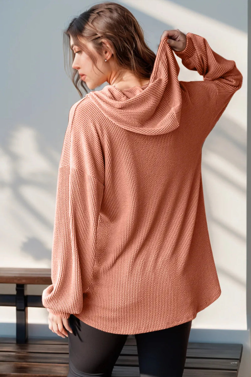 Full Size Half Button Long Sleeve Hoodie - Body Central