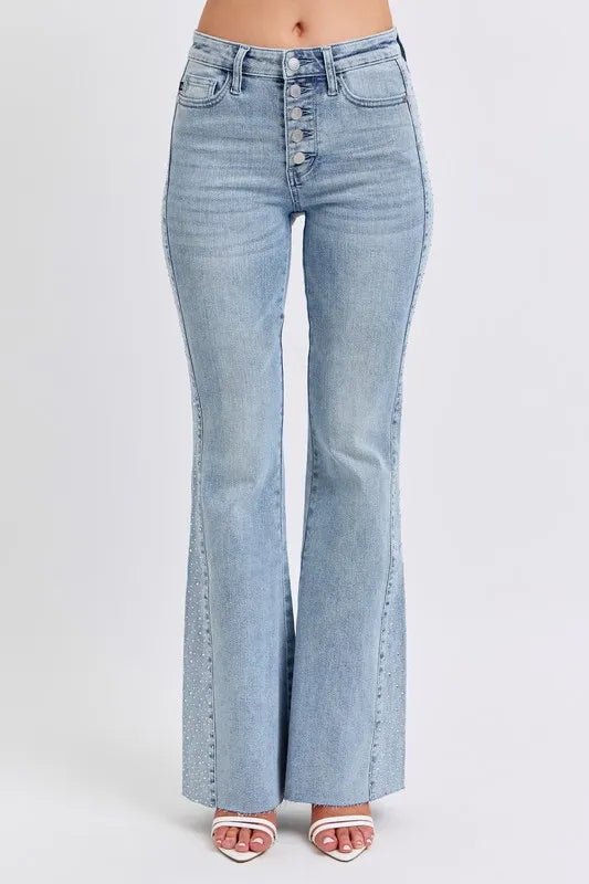 Full Size Mid Rise Rhinestone Side Panel Detail Flare Jeans Plus Size - Body Central