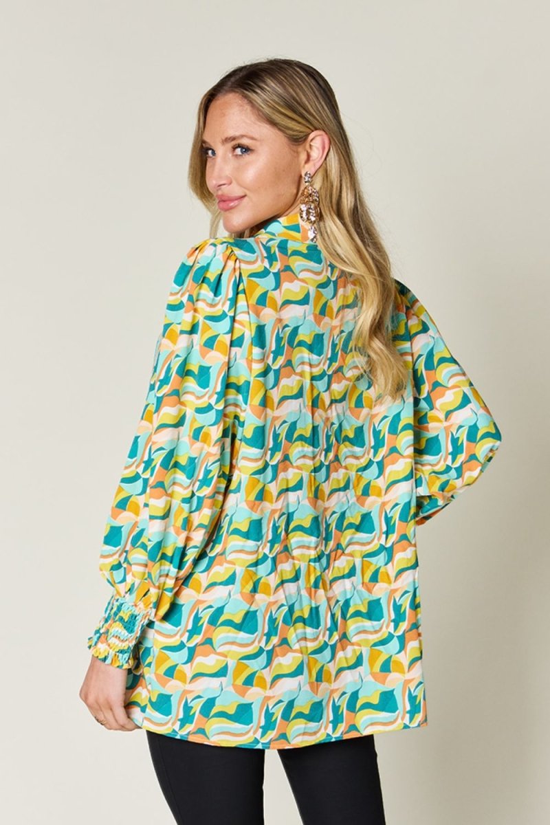 Full Size Printed Smocked Long Sleeve Blouse - Body Central