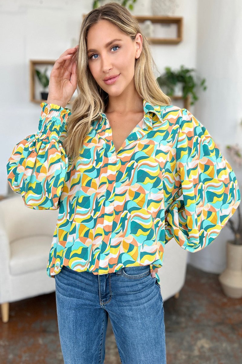 Full Size Printed Smocked Long Sleeve Blouse - Body Central