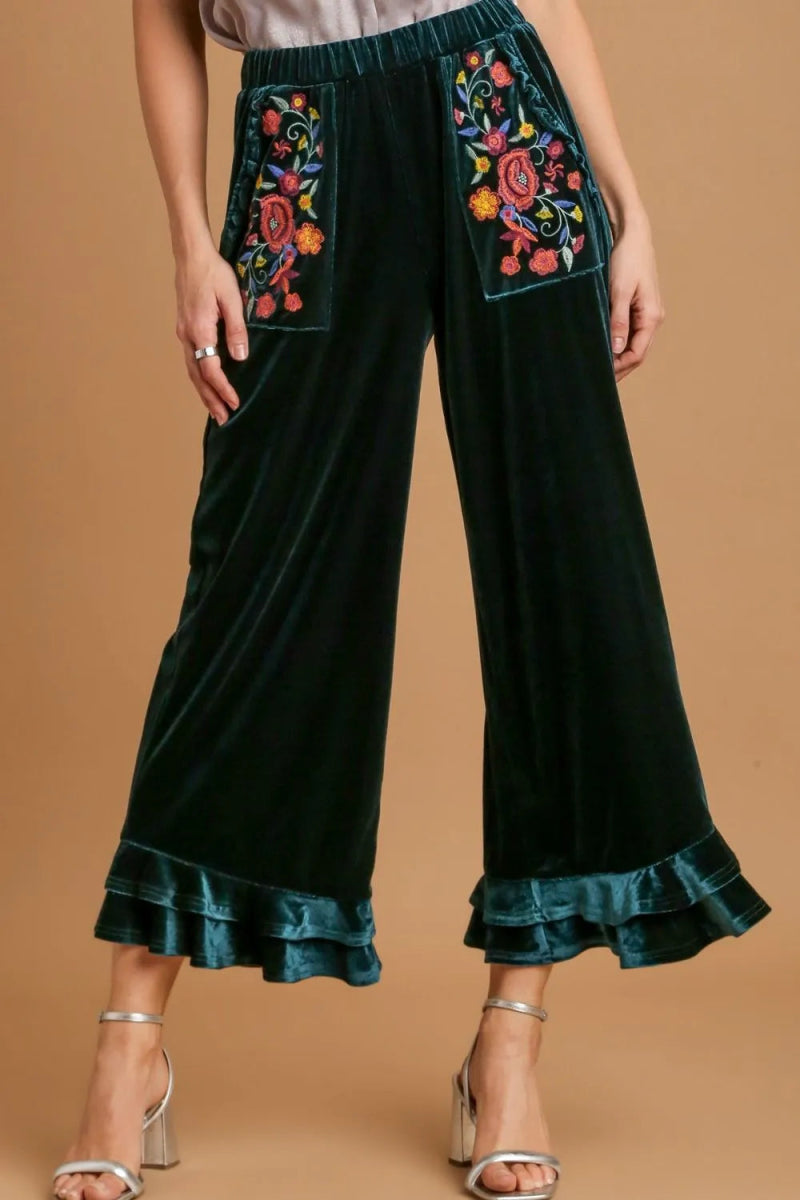 Full Size Wide Fit Ruffle Velvet Pants with Embroidered Pockets - Body Central