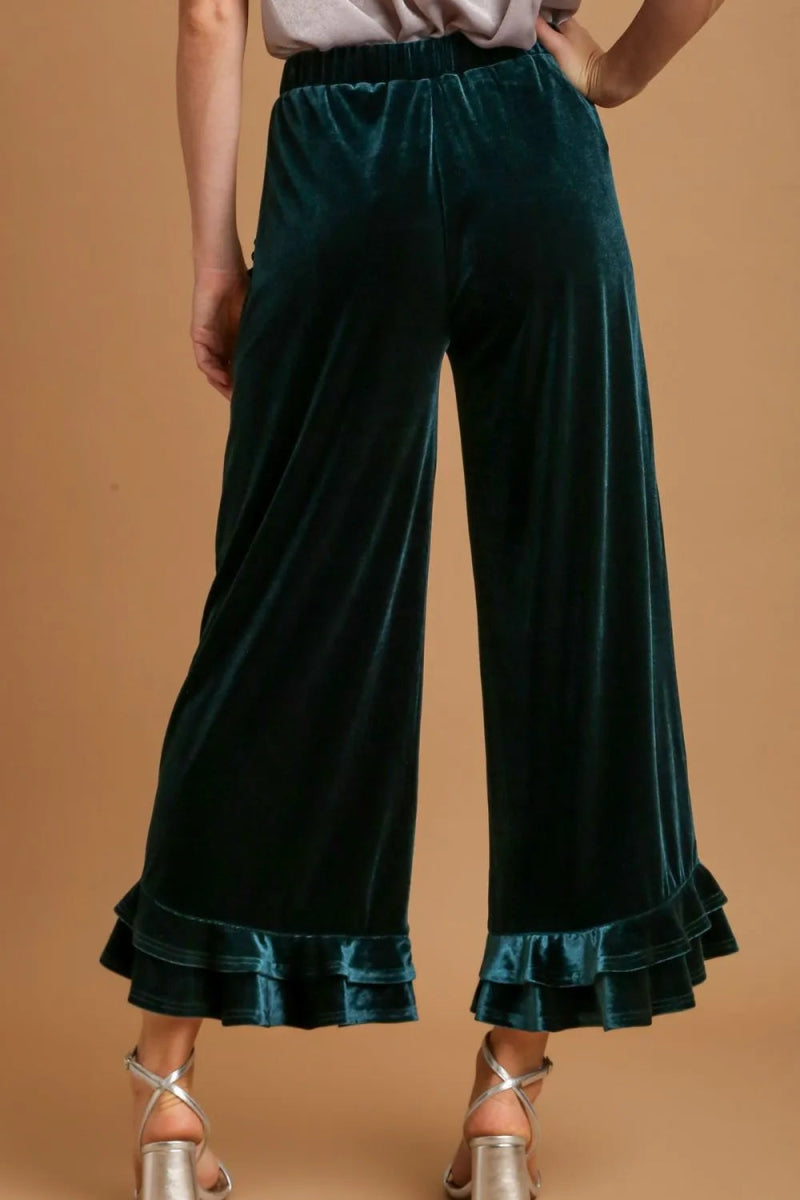 Full Size Wide Fit Ruffle Velvet Pants with Embroidered Pockets - Body Central