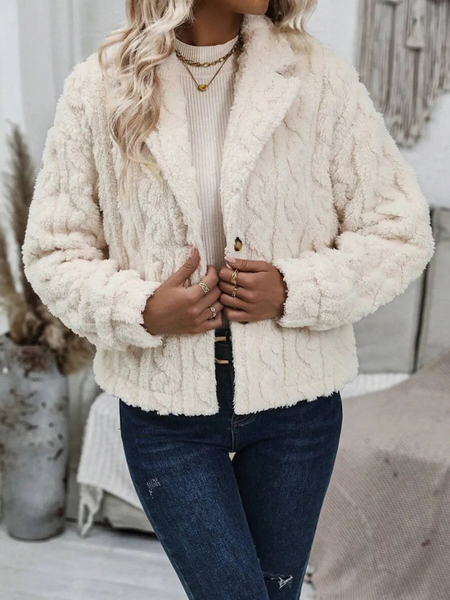 Fuzzy Button Up Collared Neck Jacket - Body Central