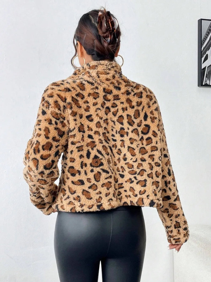 Fuzzy Turtleneck Leopard Zip Up Jacket - Body Central