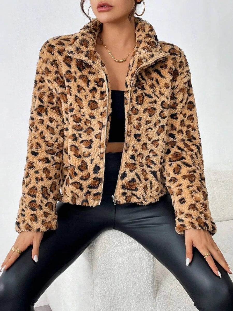 Fuzzy Turtleneck Leopard Zip Up Jacket - Body Central