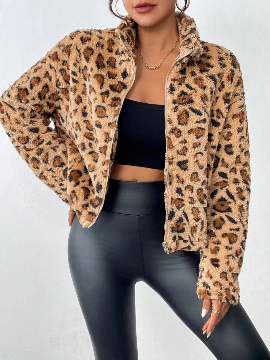 Fuzzy Turtleneck Leopard Zip Up Jacket - Body Central