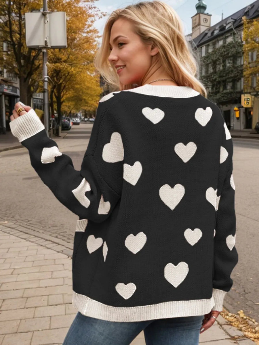Heart Button Up Dropped Shoulder Long Sleeve Cardigan - Body Central