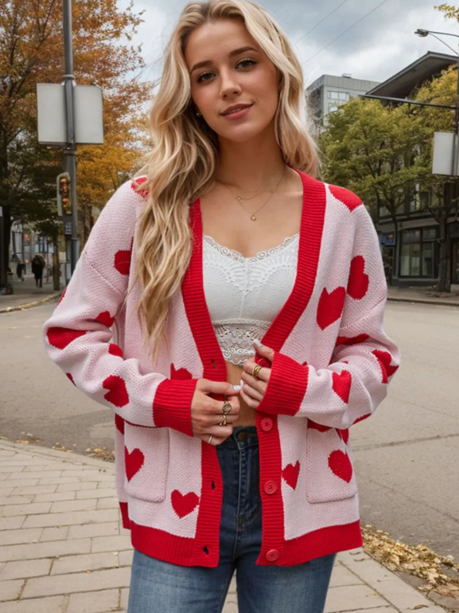 Heart Button Up Dropped Shoulder Long Sleeve Cardigan - Body Central
