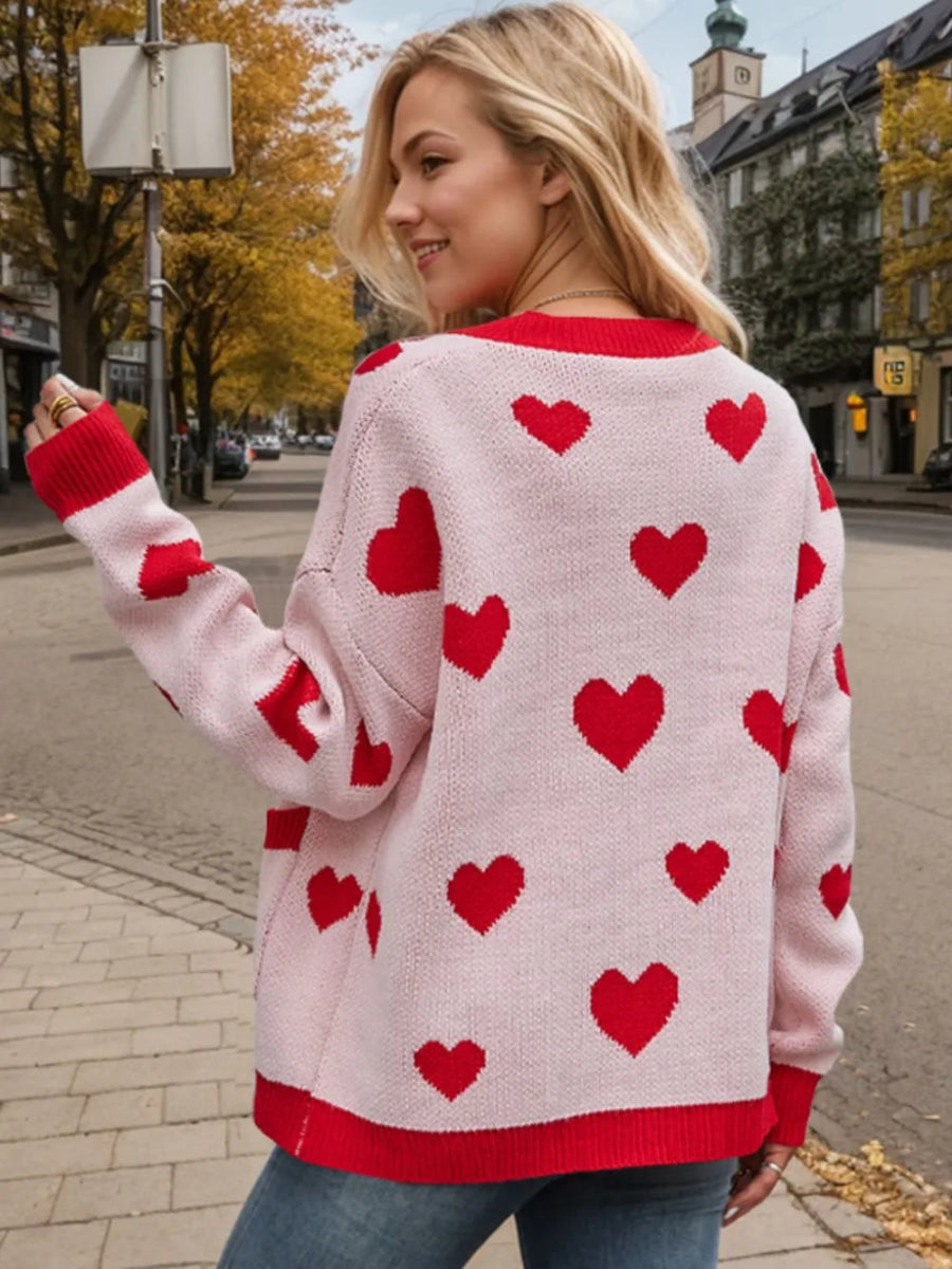 Heart Button Up Dropped Shoulder Long Sleeve Cardigan - Body Central