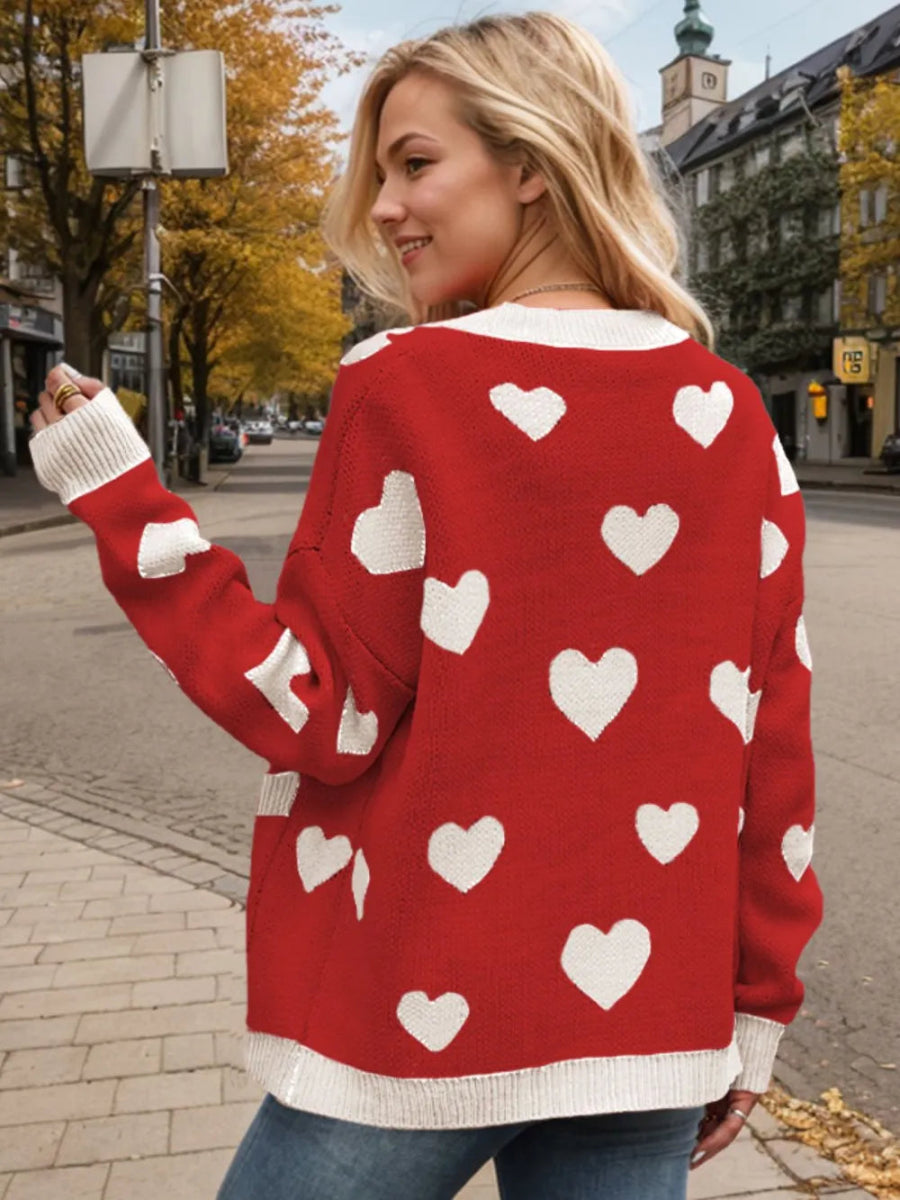 Heart Button Up Dropped Shoulder Long Sleeve Cardigan - Body Central