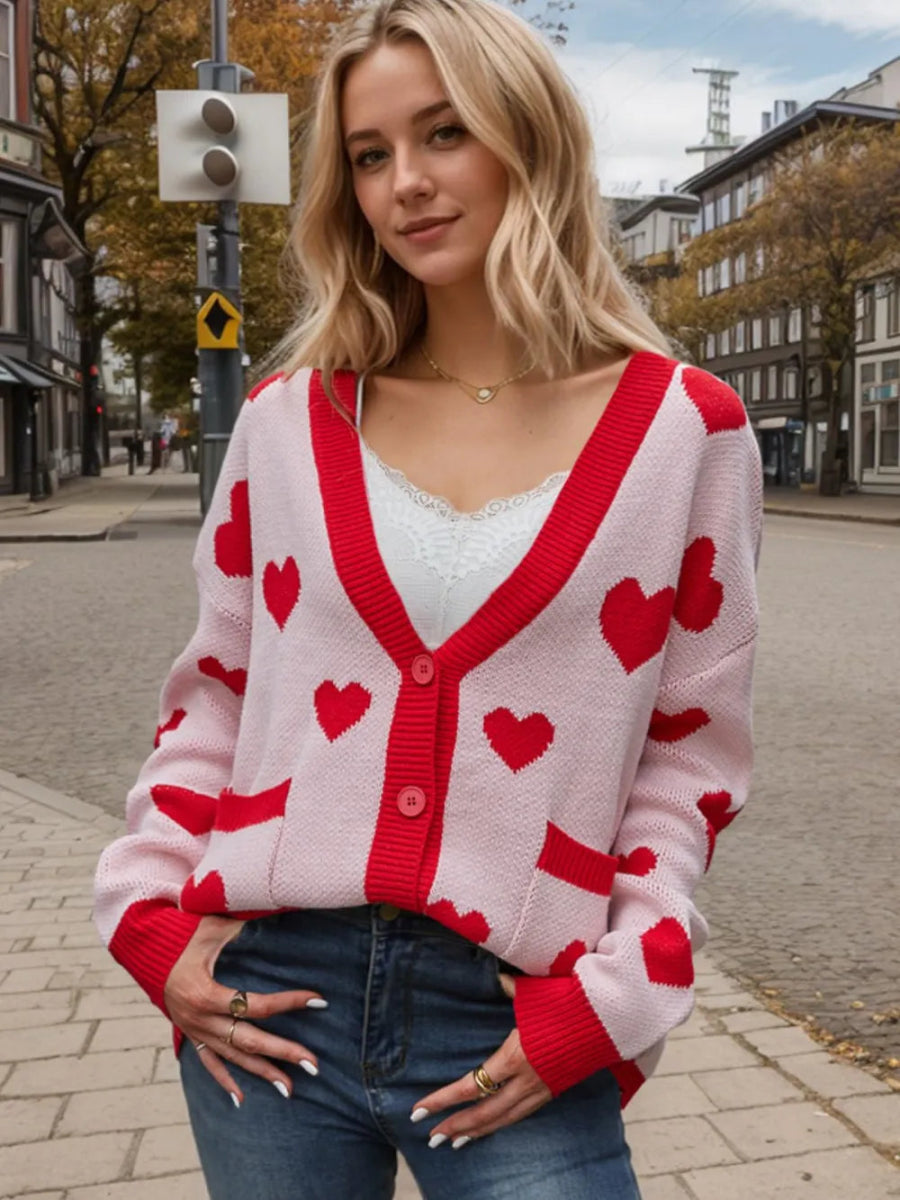 Heart Button Up Dropped Shoulder Long Sleeve Cardigan - Body Central