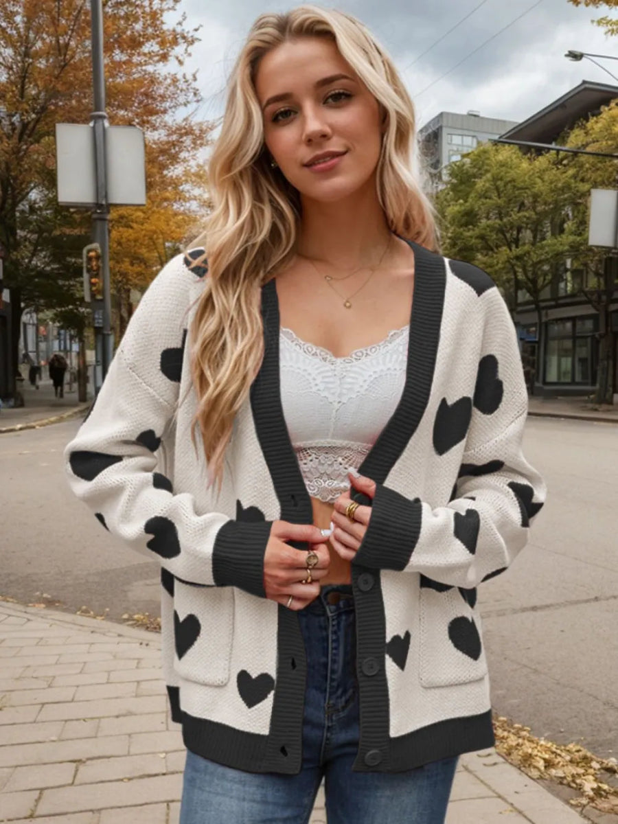 Heart Button Up Dropped Shoulder Long Sleeve Cardigan - Body Central