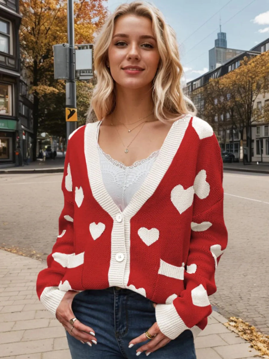 Heart Button Up Dropped Shoulder Long Sleeve Cardigan - Body Central