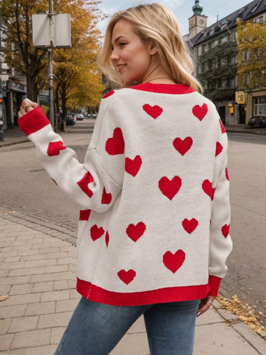 Heart Button Up Dropped Shoulder Long Sleeve Cardigan - Body Central