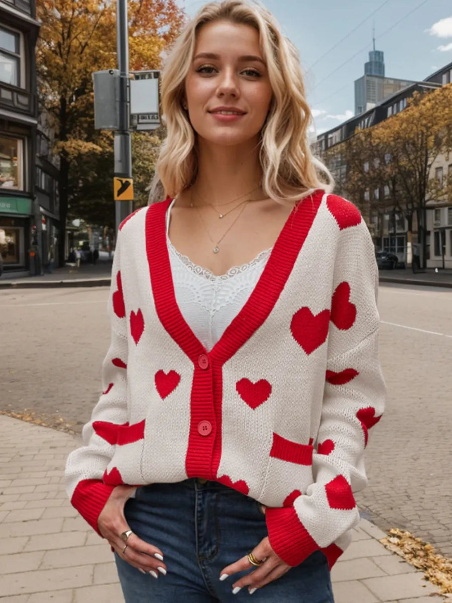 Heart Button Up Dropped Shoulder Long Sleeve Cardigan - Body Central