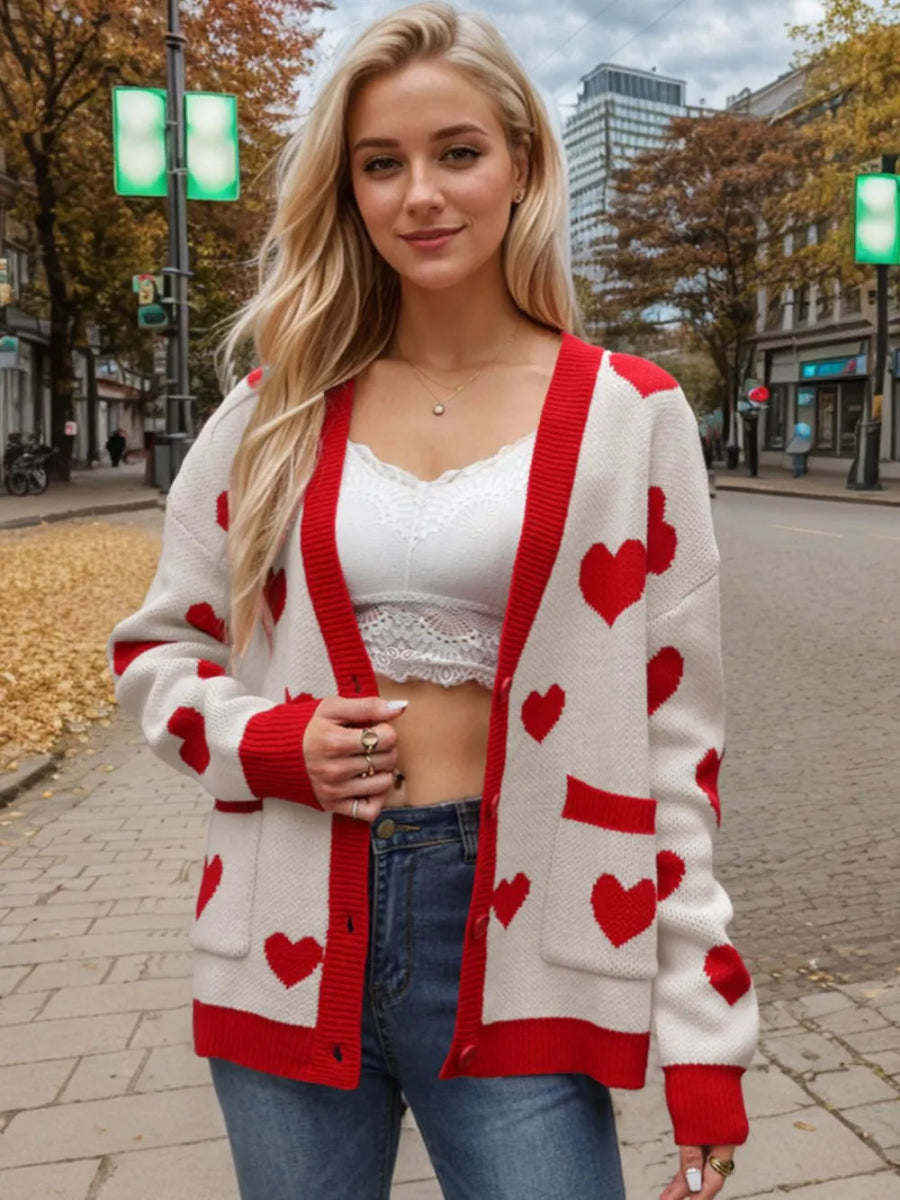Heart Button Up Dropped Shoulder Long Sleeve Cardigan - Body Central