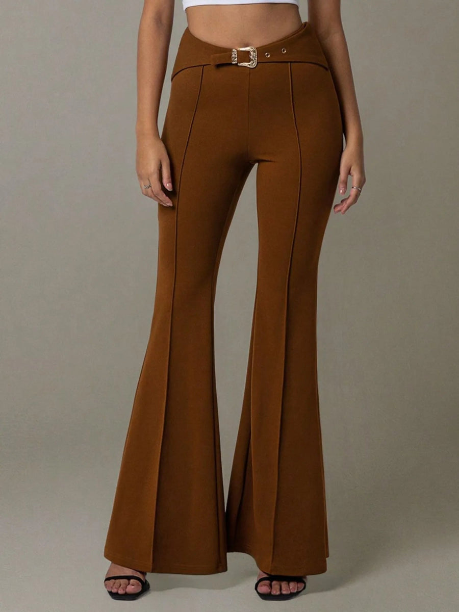 High Waist Flare Pants with Buckle Belt - Body Central