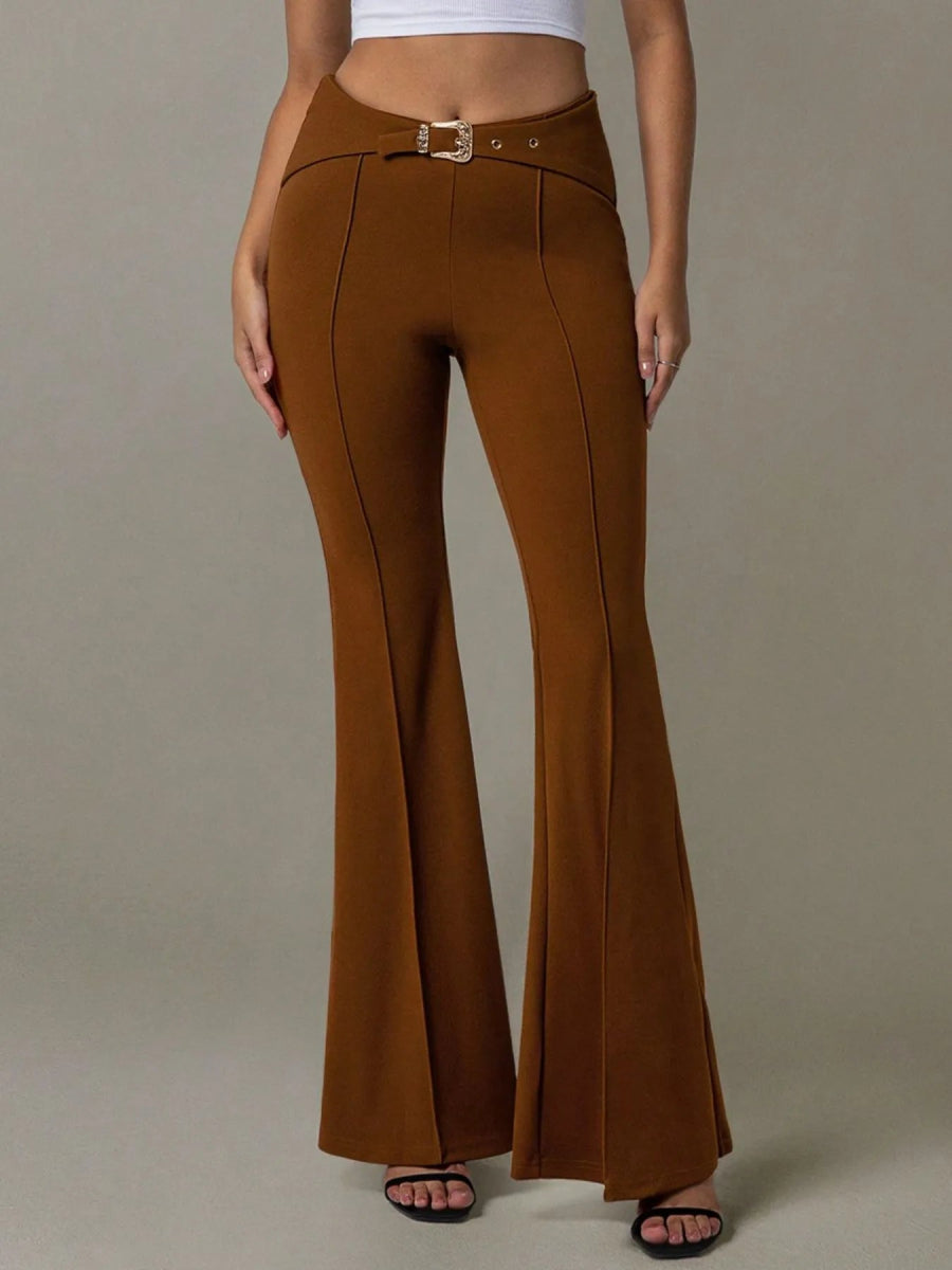 High Waist Flare Pants with Buckle Belt - Body Central