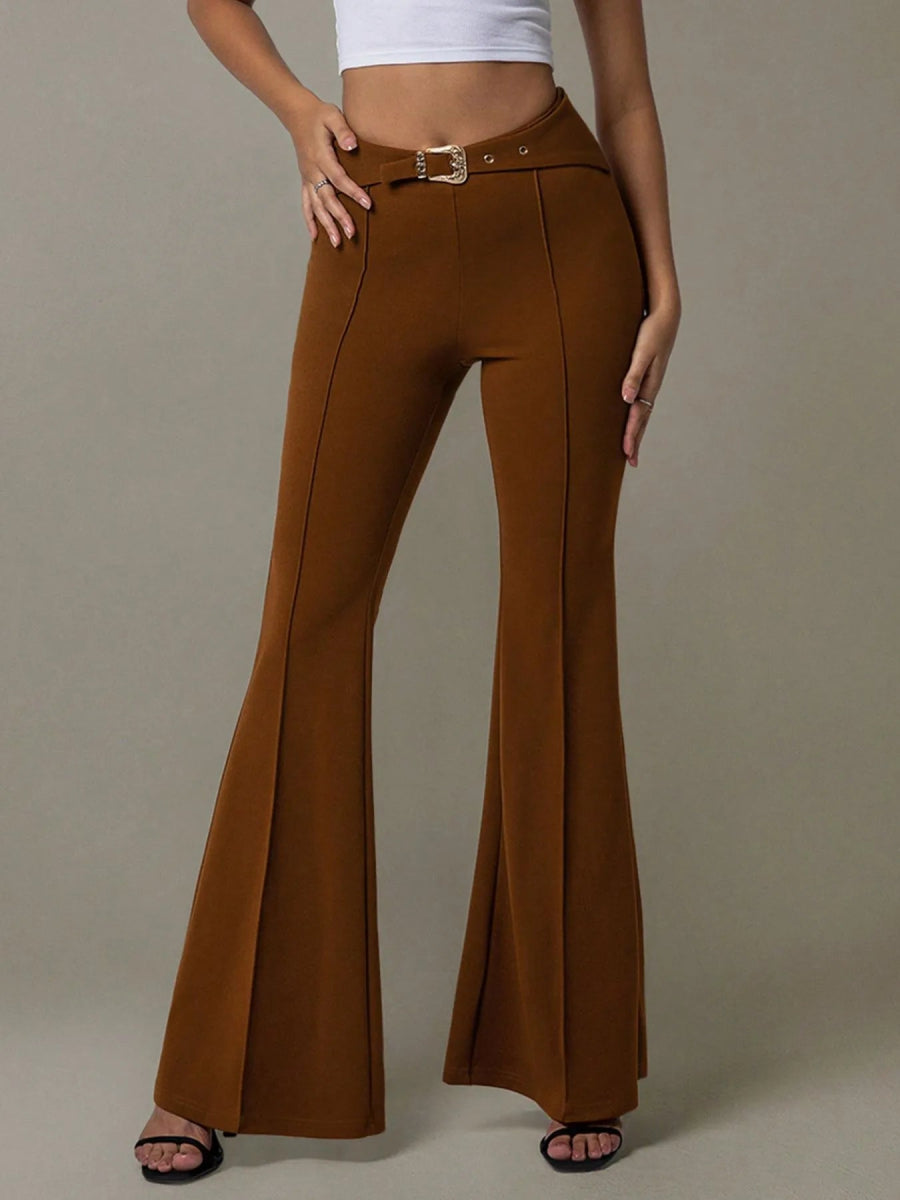 High Waist Flare Pants with Buckle Belt - Body Central