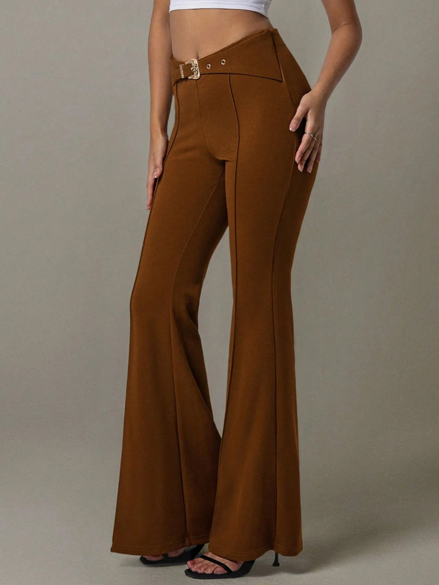 High Waist Flare Pants with Buckle Belt - Body Central