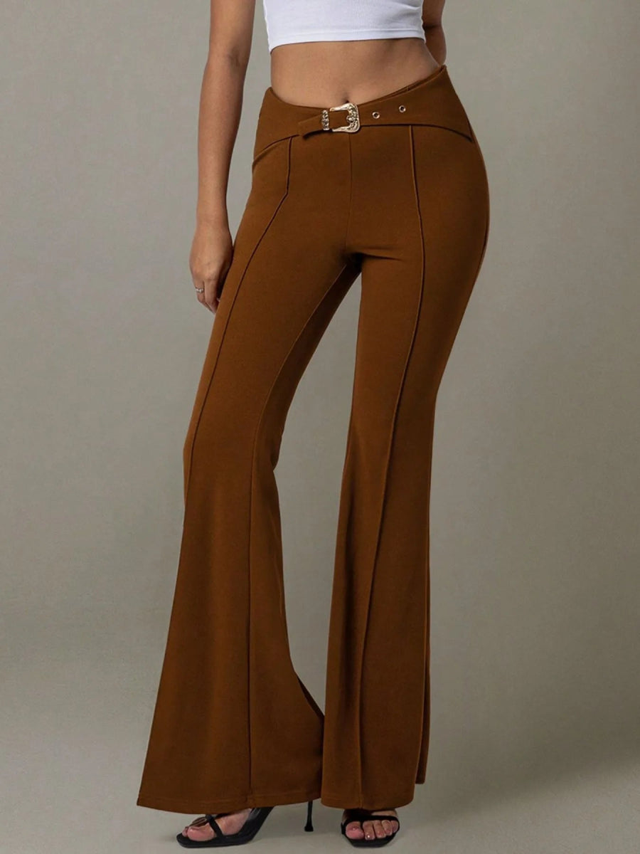 High Waist Flare Pants with Buckle Belt - Body Central