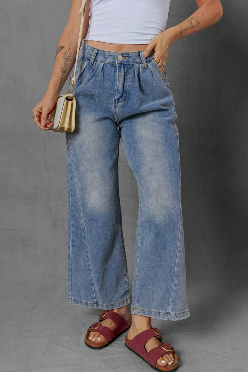 High - Waist Wide Leg Pleated Denim Jeans - Body Central