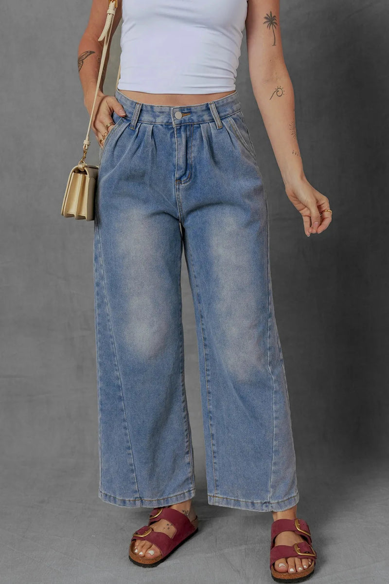 High - Waist Wide Leg Pleated Denim Jeans - Body Central