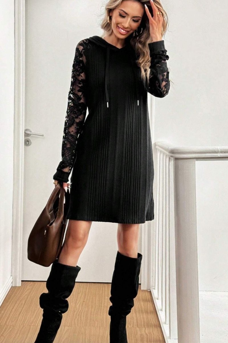 Lace Patchwork Long Sleeve Hooded Dress - Body Central